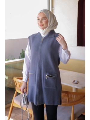 İmaj Butik Füme Fermuarlı Angora Yumoş Triko Yelek
