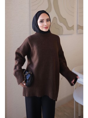 İmaj Butik Kahverengi Bisiklet Yaka Oversize Şardon Triko Kazak