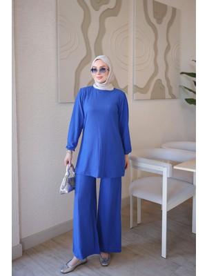 İmaj Butik Saks Mavi Bürümcük Tunik Pantolonlu Takım