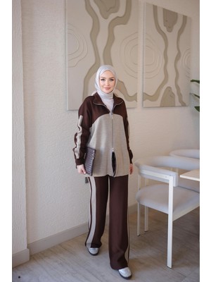 İmaj Butik Kahverengi Renk Bloklu Fermuarlı Hırka Pantolonlu Triko Takım