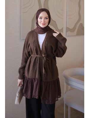 İmaj Butik Kahverengi Şifon Detay Yumoş Triko Hırka