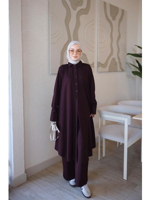 İmaj Butik Mürdüm Yarım Düğmeli Tunik Pantolonlu Takım