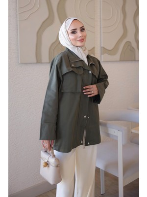 İmaj Butik Haki Fermuarlı Çıtçıtlı Gabardin Ceket