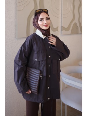 İmaj Butik Kahverengi Fermuarlı Çıtçıtlı Bağlamalı Garnili Ceket