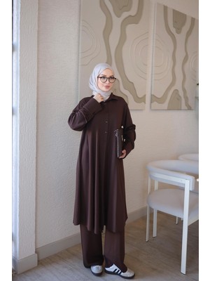 İmaj Butik Kahverengi Yarım Düğmeli Tunik Pantolonlu Takım