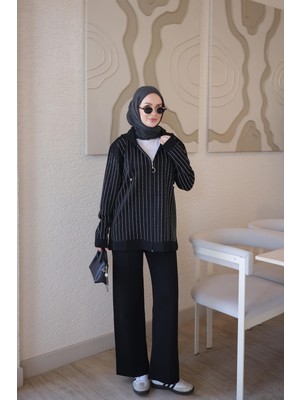 İmaj Butik Siyah Kapüşonlu Tunik Pantolonlu Taşlı Triko Takım