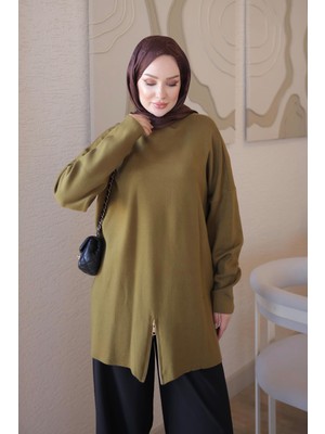 İmaj Butik Yağ Yeşili Corsman Fermuar Detaylı Salaş Triko Tunik