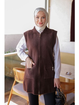 İmaj Butik Kahverengi Fermuarlı Angora Yumoş Triko Yelek