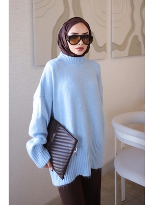 İmaj Butik Bebe Mavi Bisiklet Yaka Oversize Şardon Triko Kazak