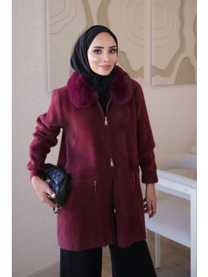İmaj Butik Bordo Soft Kürk Yakalı Angora Triko Hırka