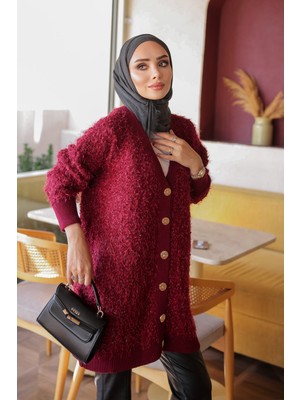 İmaj Butik Bordo Düğmeli Simli Triko Hırka