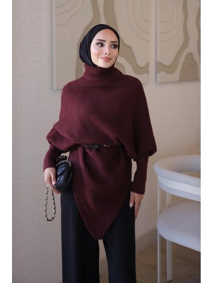 İmaj Butik Bordo Asimetrik Kesim Kemerli Yumuş Triko Kazak
