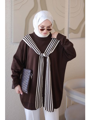 İmaj Butik Kahverengi Atkı Detaylı Salaş Triko Tunik