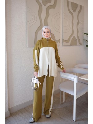 İmaj Butik Yağ Yeşili Renk Bloklu Fermuarlı Hırka Pantolonlu Triko Takım