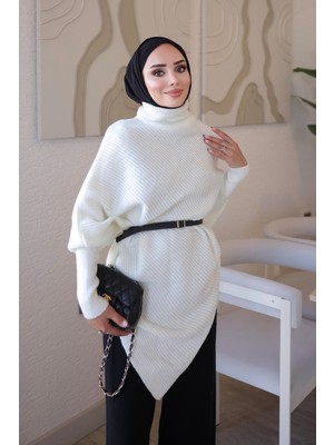 İmaj Butik Ekru Asimetrik Kesim Kemerli Yumuş Triko Kazak