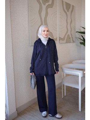 İmaj Butik Lacivert Kapüşonlu Tunik Pantolonlu Taşlı Triko Takım