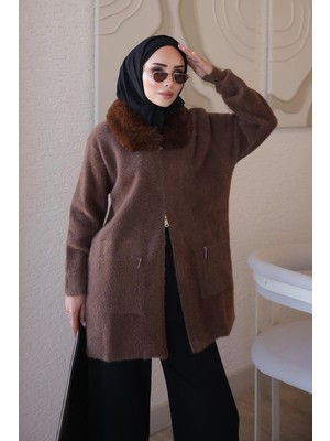 İmaj Butik Kahverengi Soft Kürk Yakalı Angora Triko Hırka