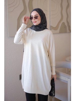 İmaj Butik Krem Bisiklet Yaka Taş Işlemeli Tunik