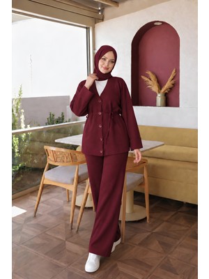 İmaj Butik Bordo Hırka Pantolonlu Soğuk Iplik Triko Takım