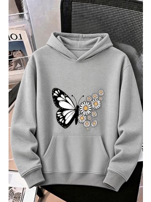 Oksit Sw Papatya Kadın Ön Baskılı Oversize Kapüşonlu Sweatshirt Kanguru Cepli Iki Iplik Şardonlu Hoodie