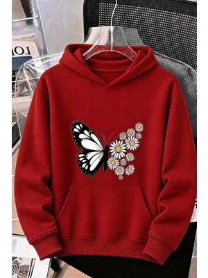 Oksit Sw Papatya Kadın Ön Baskılı Oversize Kapüşonlu Sweatshirt Kanguru Cepli Iki Iplik Şardonlu Hoodie