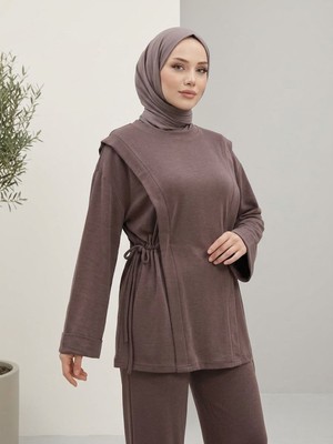 Miostil Tünel Detay Kol Katlamalı Pantolonlı Takım-Açık Kahve