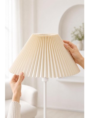 Lambader Şapkası Çap 36 cm Pileli Kırma Kumaş Krem Abajur Başlık Metal Iskelet LAM06