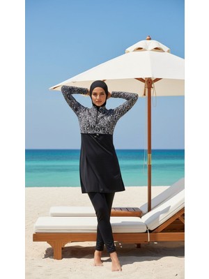 Trendlina Leopar Beli Ayarlanabilir Lastikli Su Itici Kumaştan 3lü Tam Kapalı Tesettür Mayo Hijab Burkini Swimwear