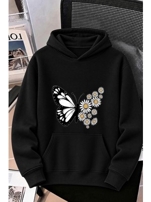 Oksit Sw Papatya Kadın Ön Baskılı Oversize Kapüşonlu Sweatshirt Kanguru Cepli Iki Iplik Şardonlu Hoodie