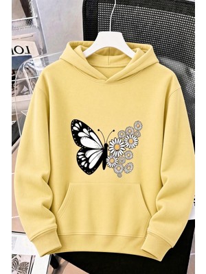Oksit Sw Papatya Kadın Ön Baskılı Oversize Kapüşonlu Sweatshirt Kanguru Cepli Iki Iplik Şardonlu Hoodie