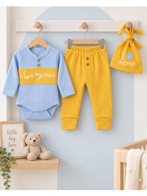 Bebek Star Şapkalı Mavi - Hardal Bebek %100 Cotton Takım