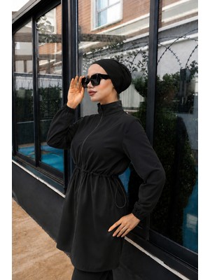 Trendlina Siyah Düz Beli Ayarlanabilir Lastikli Su Itici Kumaştan 3lü Tam Kapalı Tesettür Mayo Hijab Burkini Swimwear