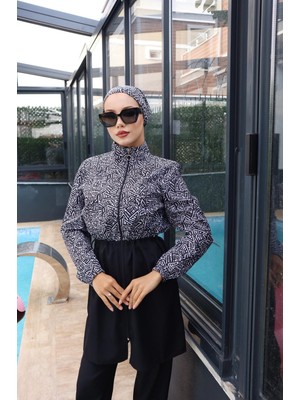Trendlina Nur Beli Ayarlanabilir Lastikli Su Itici Kumaştan 3lü Tam Kapalı Tesettür Mayo Hijab Burkini Swimwear