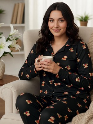 Manolya Milan Ayıcık Desen S-Xxl U.k. Pijama Takımı - Siyah