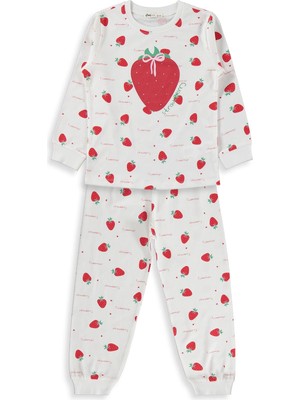 Civil Girls Civil Kız Çocuk Çilek Desenli Pijama Takımı | Süprem-Süprem Uzun Kol | Okul Kreş ve Günlük Kullanım - Ekru