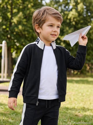 Civil Boys Civil Erkek Çocuk Pike Active Hırka | Pike Uzun Kol Hakim Yaka | Okul Kreş ve Günlük Kullanım - Siyah