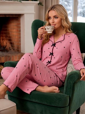 Manolya Kalp Elpirme S-Xxl U.k. Pijama Takımı - Pudra