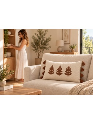 Buldan Natura Üçlü Yaprak Nakışlı Dekoratif Kırlent Kılıfı 35×55 cm – Renk: Kahve