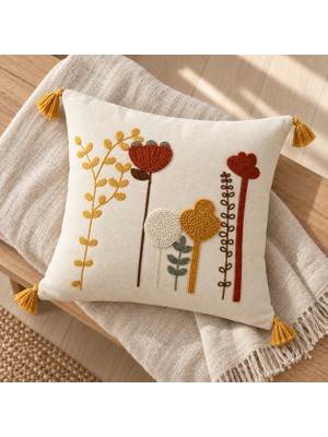 Buldan Natura Kaktüs Çiçek Nakışlı Dekoratif Kırlent Kılıfı – Ekru / Hardal / Kiremit / Yeşil 43×43 cm – Renk: Çok Renkli