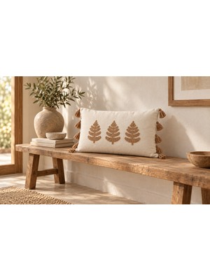 Buldan Natura Üçlü Yaprak Nakışlı Dekoratif Kırlent Kılıfı 35×55 cm – Renk: Bej
