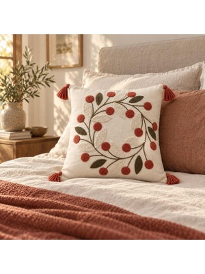 Buldan Natura Papatya Çiçek ve Yaprak Motifli Punch Nakışlı Pamuk Dokuma Kırlent Kılıfı 43×43 cm – Renk: Kiremit