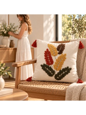 Buldan Natura Başak Renkli Yaprak Punch Nakışlı Pamuk Dokuma Dekoratif Kırlent Kılıfı 42×42 cm – Renk: Natural