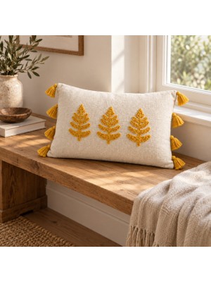Buldan Natura Üçlü Yaprak Nakışlı Dekoratif Kırlent Kılıfı 35×55 cm – Renk: Sarı