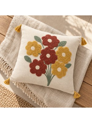 Buldan Natura Demet Nakışlı Dekoratif Kırlent Kılıfı – Krem / Hardal / Kiremit / Yeşil 43×43 cm