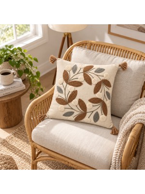 Buldan Natura Papatya Çiçek ve Yaprak Motifli Punch Nakışlı Pamuk Dokuma Kırlent Kılıfı 43×43 cm – Renk: Kahve