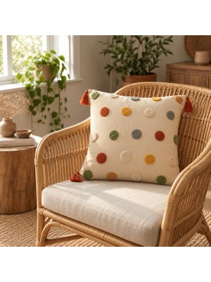 Buldan Natura Puantiye Benekli Nakışlı Dekoratif Kırlent Kılıfı – Keten / Natural 43×43 cm – Renk: Krem - Çok Renkli
