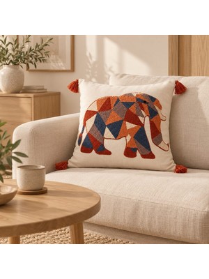 Buldan Natura Fil Nakışlı Dekoratif Kırlent Kılıfı – Krem / Kiremit / Lacivert / Turuncu / Kahve 43×43 cm
