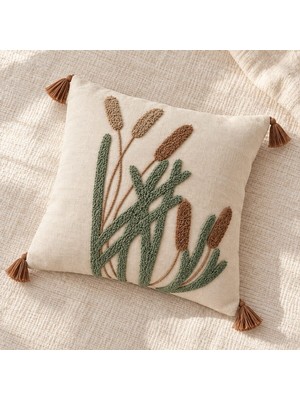 Buldan Natura Saz Nakışlı Dekoratif Kırlent Kılıfı – Krem / Yeşil / Toprak 43×43 cm