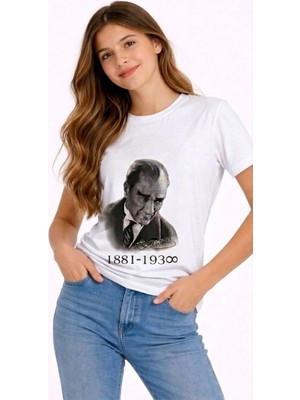 Pileli Store Kız Çocuk Atatürk Baskılı Tişört Kısa Kollu Bisiklet Yaka T-Shirt - Beyaz