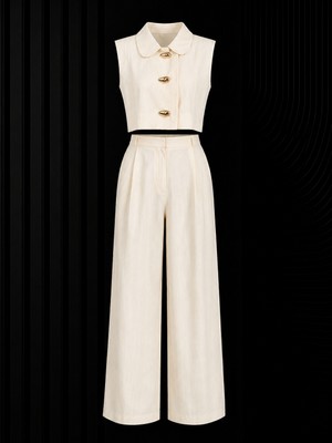 Studio Fashion 1988 Naturel %100 Pamuk Gold Düğmeli Yelek Bol Paça Pantolon Takım